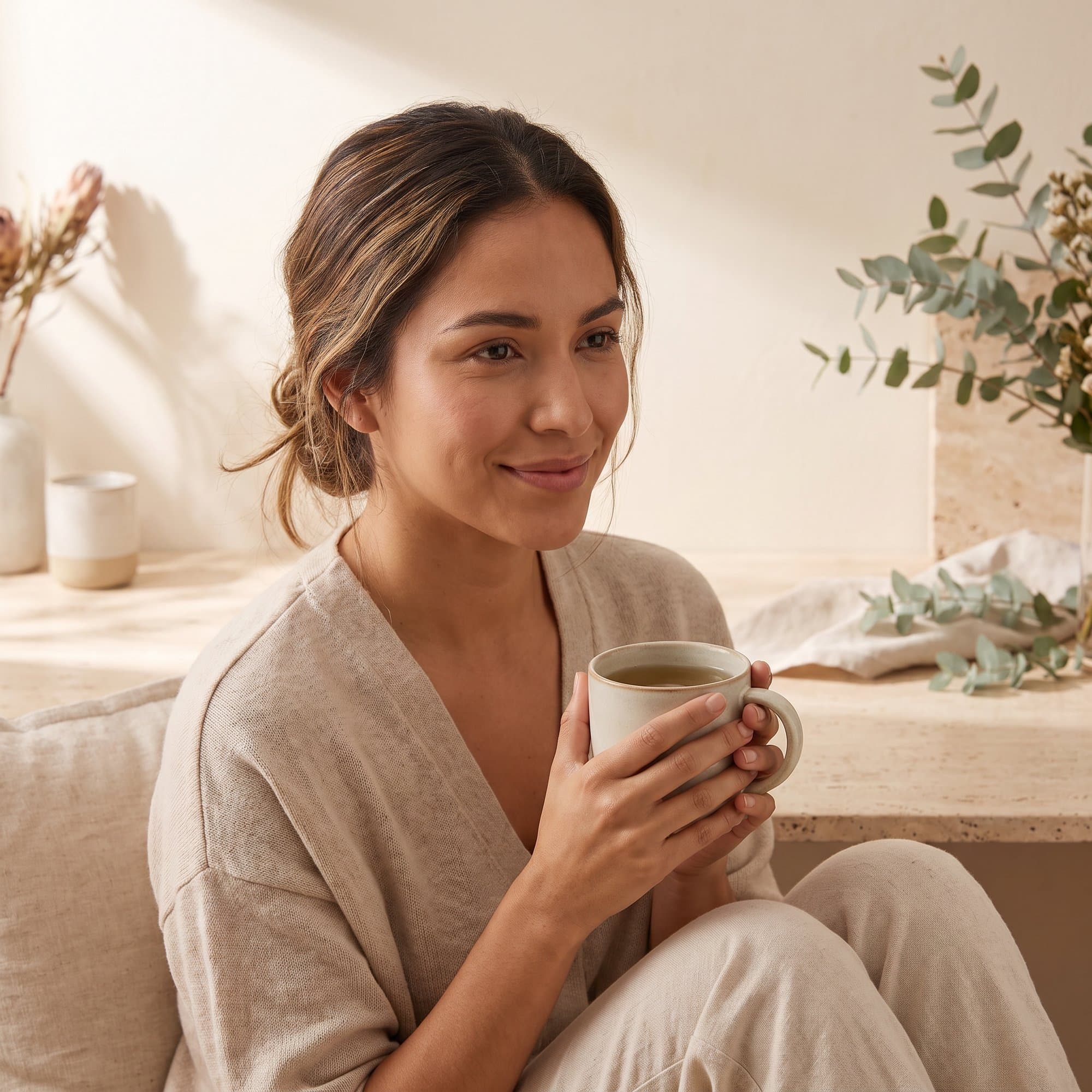 Mujer sosteniendo una taza de té en casa